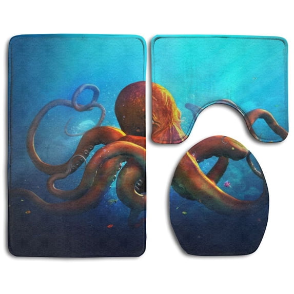PUDMAD Octopus Sealife 3 Piece Bathroom Rugs Set Bath Rug Contour Mat and Toilet Lid Cover