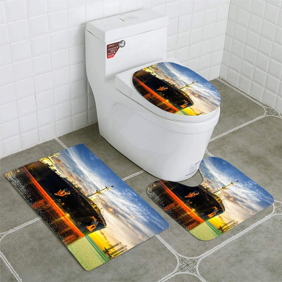PUDMAD Offshore Area at Sunset 3 Piece Bathroom Rugs Set Bath Rug Contour Mat and Toilet Lid Cover