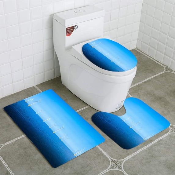 PUDMAD Offshore Wind Turbine in a Wind Farm Under Construction Off England Coast 3 Piece Bathroom Rugs Set Bath Rug Contour Mat and Toilet Lid Cover