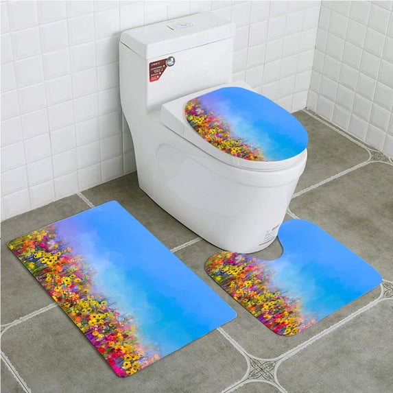 PUDMAD Oil Painting Summer Spring Flowers Cornflower Daisy Flower 3 Piece Bathroom Rugs Set Bath Rug Contour Mat and Toilet Lid Cover
