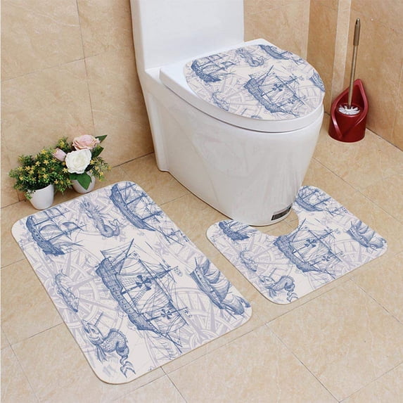 PUDMAD Old Caravel Vintage Sailboat sea Monster Seamless 3 Piece Bathroom Rugs Set Bath Rug Contour Mat and Toilet Lid Cover