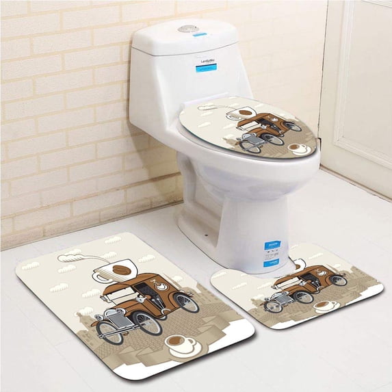 PUDMAD Old Fashioned Car Coffee Cup on Top Caffeine Beverage Hot Drink 3 Piece Bathroom Rugs Set Bath Rug Contour Mat and Toilet Lid Cover