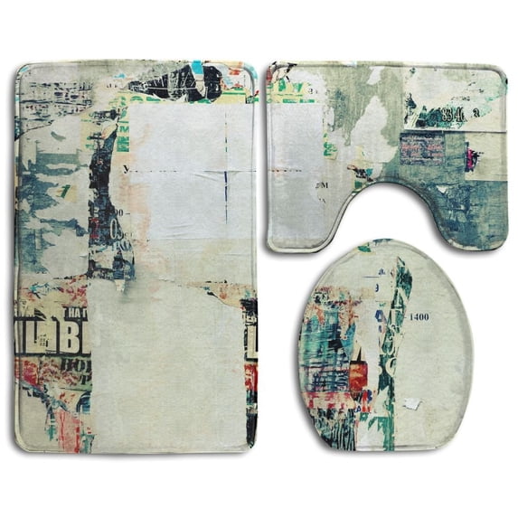 PUDMAD Old Urban Street Billboard Torn Posters Stickers Texture Copy Space 3 Piece Bathroom Rugs Set Bath Rug Contour Mat and Toilet Lid Cover