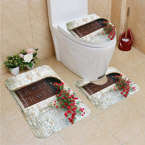 PUDMAD Old Wooden Door Blooming Roses 3 Piece Bathroom Rugs Set Bath Rug Contour Mat and Toilet Lid Cover