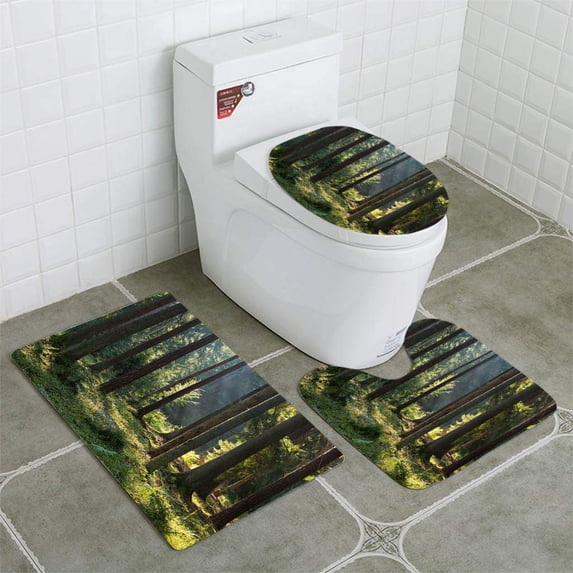 PUDMAD Old coniferous Stand Bialowieza Forest in Summer Morning 3 Piece Bathroom Rugs Set Bath Rug Contour Mat and Toilet Lid Cover