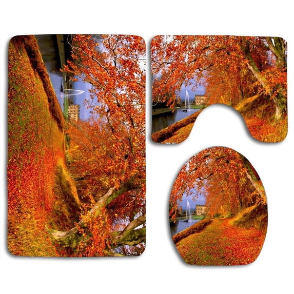 PUDMAD Orange Leaves 3 Piece Bathroom Rugs Set Bath Rug Contour Mat and Toilet Lid Cover