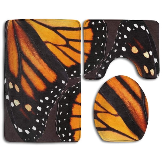 PUDMAD Orange Monarch Butterfly Wings 3 Piece Bathroom Rugs Set Bath Rug Contour Mat and Toilet Lid Cover