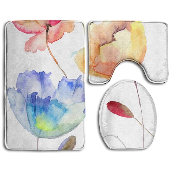 PUDMAD Orange and Bule Flowers 3 Piece Bathroom Rugs Set Bath Rug Contour Mat and Toilet Lid Cover
