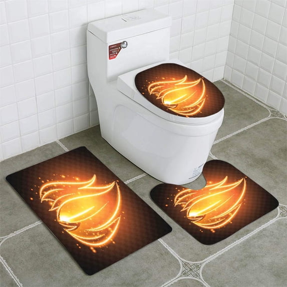 PUDMAD Orange fire Glowing 3 Piece Bathroom Rugs Set Bath Rug Contour Mat and Toilet Lid Cover