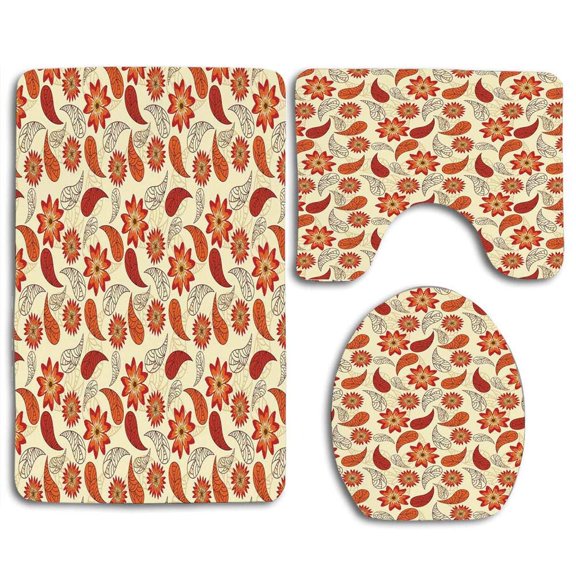 PUDMAD Orange red Poppy Flowers in Retro Style and Leaves Artistic Flourish Paisley orange Red Peach 3 Piece Bathroom Rugs Set Bath Rug Contour Mat and Toilet Lid Cover