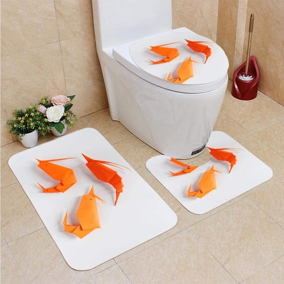 PUDMAD Origami Shrimp 3 Piece Bathroom Rugs Set Bath Rug Contour Mat and Toilet Lid Cover