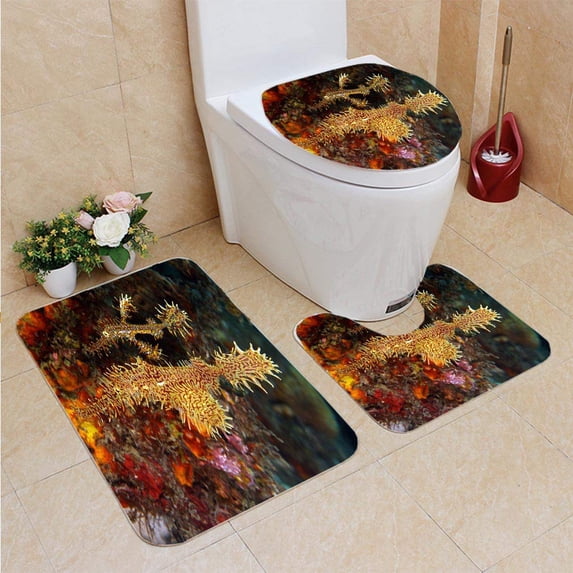PUDMAD Ornate Ghost Pipefish 3 Piece Bathroom Rugs Set Bath Rug Contour Mat and Toilet Lid Cover