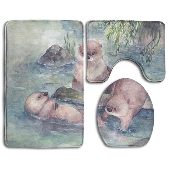 PUDMAD Otter Watercolor Ink Painting 3 Piece Bathroom Rugs Set Bath Rug Contour Mat and Toilet Lid Cover