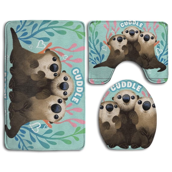 PUDMAD Otters Cuddle 3 Piece Bathroom Rugs Set Bath Rug Contour Mat and Toilet Lid Cover
