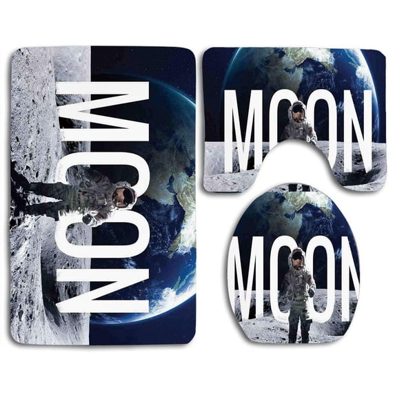 PUDMAD Outer Space Moon Invasion Miniature Astronaut Stands on Surface World 3 Piece Bathroom Rugs Set Bath Rug Contour Mat and Toilet Lid Cover