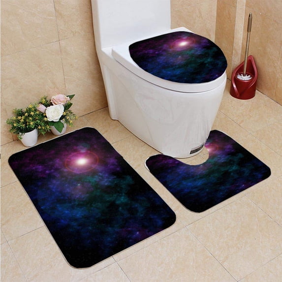 PUDMAD Outer Space Night Sky Colorful Nebula Star Field Lens Flare 3 Piece Bathroom Rugs Set Bath Rug Contour Mat and Toilet Lid Cover