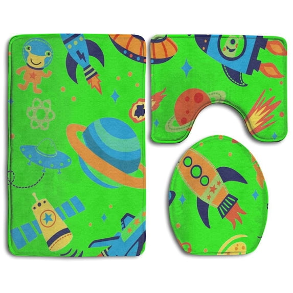 PUDMAD Outer Space Science Rocket 3 Piece Bathroom Rugs Set Bath Rug Contour Mat and Toilet Lid Cover