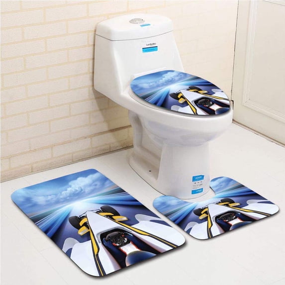 PUDMAD Overhead Route Perspective from Open Cockpit Racing Car Driving at High Speed 3 Piece Bathroom Rugs Set Bath Rug Contour Mat and Toilet Lid Cover