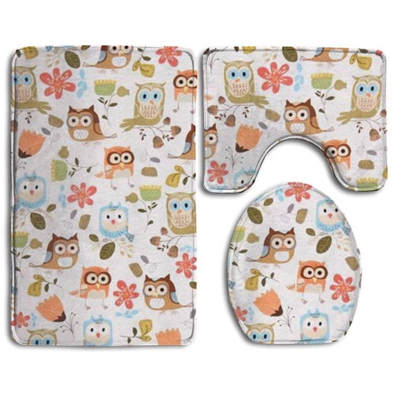 PUDMAD Owl Traditionals Easy Care 3 Piece Bathroom Rugs Set Bath Rug Contour Mat and Toilet Lid Cover