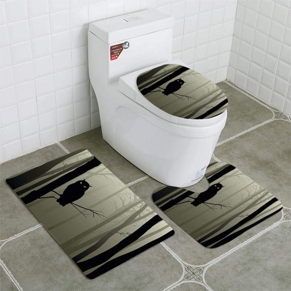 PUDMAD Owl in Misty Woods 3 Piece Bathroom Rugs Set Bath Rug Contour Mat and Toilet Lid Cover
