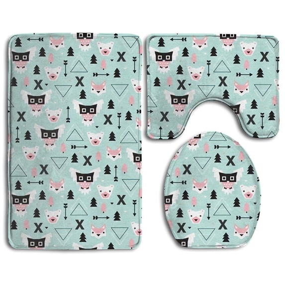 PUDMAD Owls Bears And Foxes 3 Piece Bathroom Rugs Set Bath Rug Contour Mat and Toilet Lid Cover