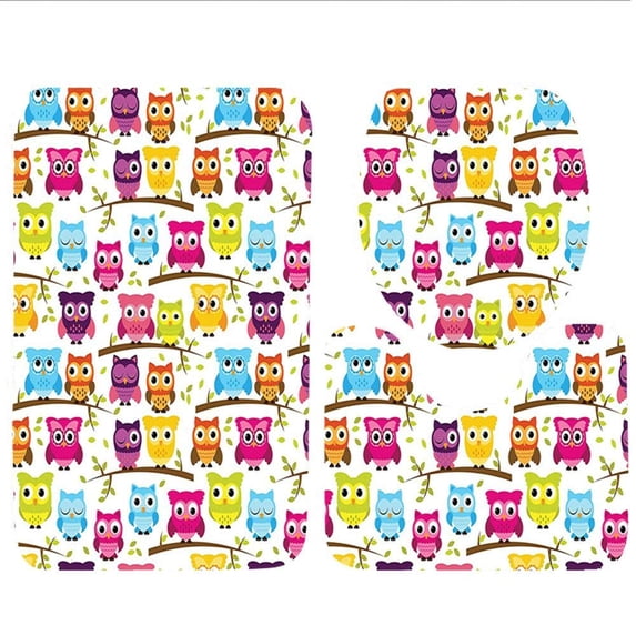 PUDMAD Owls Collection Owls in Different Geometric Shapes 3 Piece Bathroom Rugs Set Bath Rug Contour Mat and Toilet Lid Cover