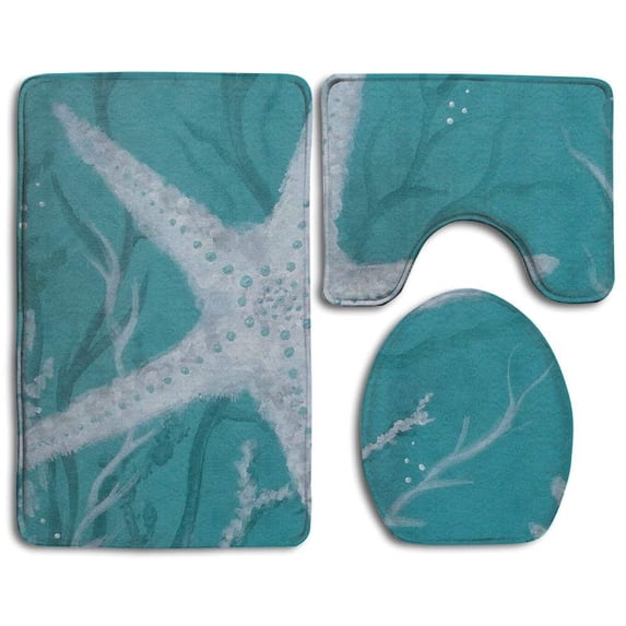PUDMAD Paint Sea Star 3 Piece Bathroom Rugs Set Bath Rug Contour Mat and Toilet Lid Cover