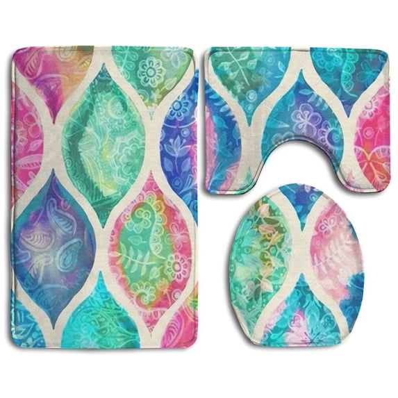 PUDMAD Painting Colorful Fence 3 Piece Bathroom Rugs Set Bath Rug Contour Mat and Toilet Lid Cover