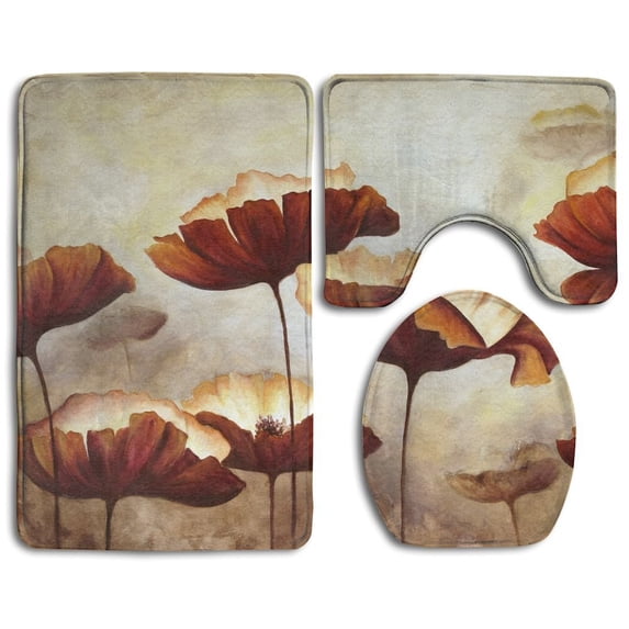 PUDMAD Painting Poppies Texture 3 Piece Bathroom Rugs Set Bath Rug Contour Mat and Toilet Lid Cover