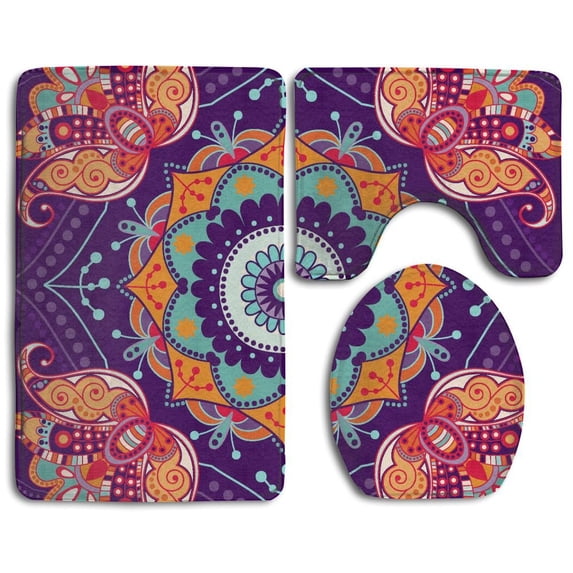 PUDMAD Paisley Flower 3 Piece Bathroom Rugs Set Bath Rug Contour Mat and Toilet Lid Cover