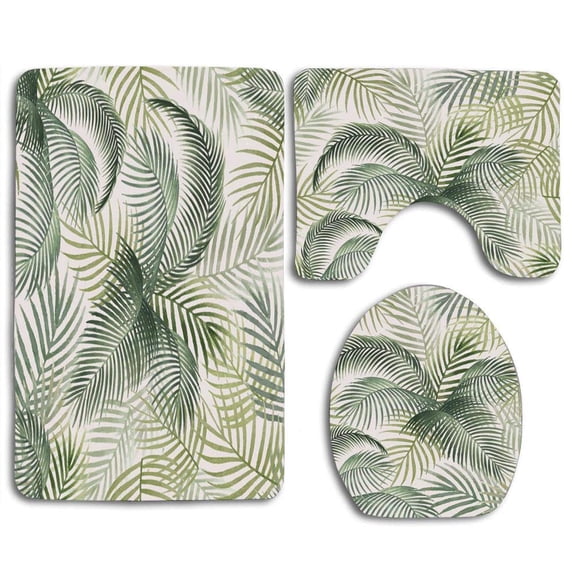 PUDMAD Palm Leaves Mockup 3 Piece Bathroom Rugs Set Bath Rug Contour Mat and Toilet Lid Cover