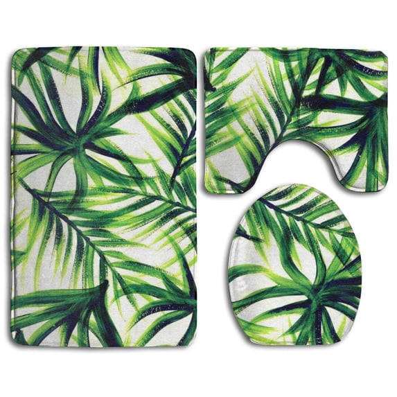 PUDMAD Palm Tree Leaves 3 Piece Bathroom Rugs Set Bath Rug Contour Mat and Toilet Lid Cover