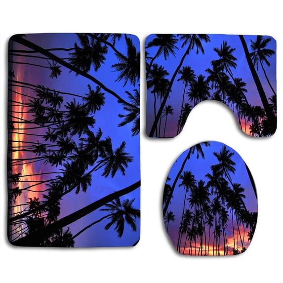 PUDMAD Palm Tree Sunset 3 Piece Bathroom Rugs Set Bath Rug Contour Mat and Toilet Lid Cover