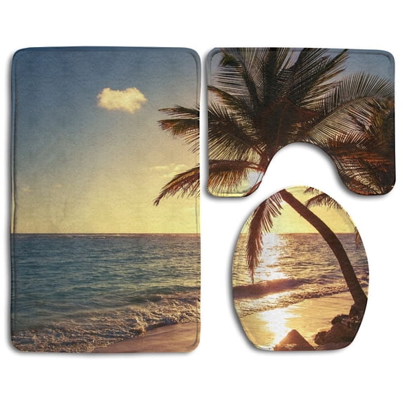 PUDMAD Palm Tree Tropical Beach Sunrise Shot 3 Piece Bathroom Rugs Set Bath Rug Contour Mat and Toilet Lid Cover