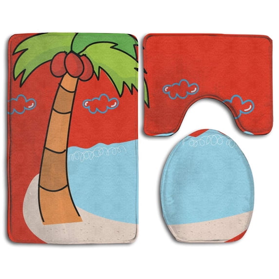 PUDMAD Palm Tree and Beach 3 Piece Bathroom Rugs Set Bath Rug Contour Mat and Toilet Lid Cover