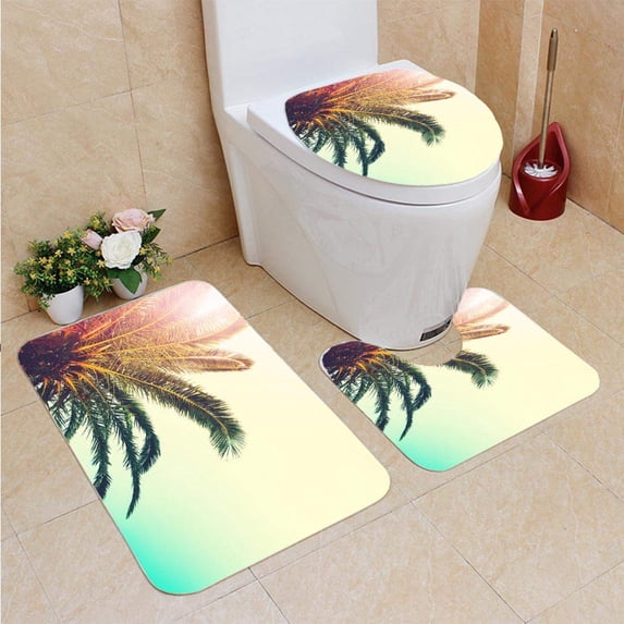 PUDMAD Palm Trees Branches Against Sky 3 Piece Bathroom Rugs Set Bath Rug Contour Mat and Toilet Lid Cover