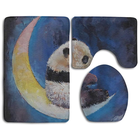 PUDMAD Panda Sitting on Moon 3 Piece Bathroom Rugs Set Bath Rug Contour Mat and Toilet Lid Cover
