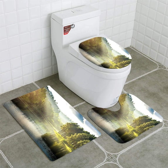PUDMAD Pang ung Reflection Pine Tree in a Lake 3 Piece Bathroom Rugs Set Bath Rug Contour Mat and Toilet Lid Cover