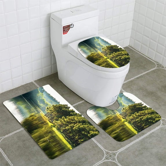 PUDMAD Pang ung Reflection Pine Tree in a Lake 3 Piece Bathroom Rugs Set Bath Rug Contour Mat and Toilet Lid Cover