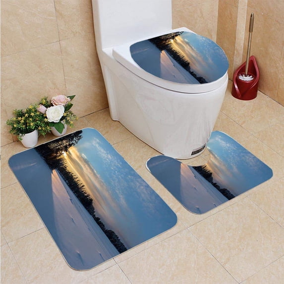 PUDMAD Panorama Sunrise Over Snow Covered Lake in Northern Sweden 3 Piece Bathroom Rugs Set Bath Rug Contour Mat and Toilet Lid Cover