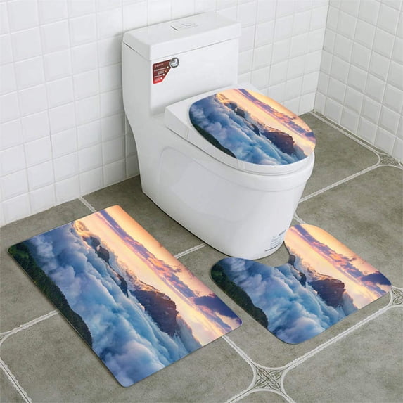 PUDMAD Panorama Sunrise in Foggy Val di Fassa Valley 3 Piece Bathroom Rugs Set Bath Rug Contour Mat and Toilet Lid Cover