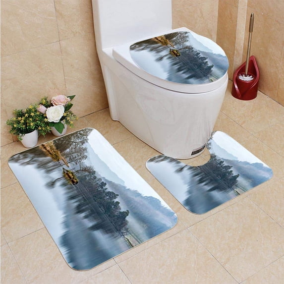PUDMAD Panorama at Rydal Water Clear Reflections Patchy Fog 3 Piece Bathroom Rugs Set Bath Rug Contour Mat and Toilet Lid Cover