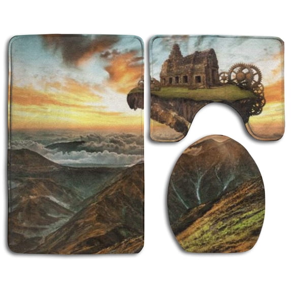PUDMAD Panoramic 3 Piece Bathroom Rugs Set Bath Rug Contour Mat and Toilet Lid Cover