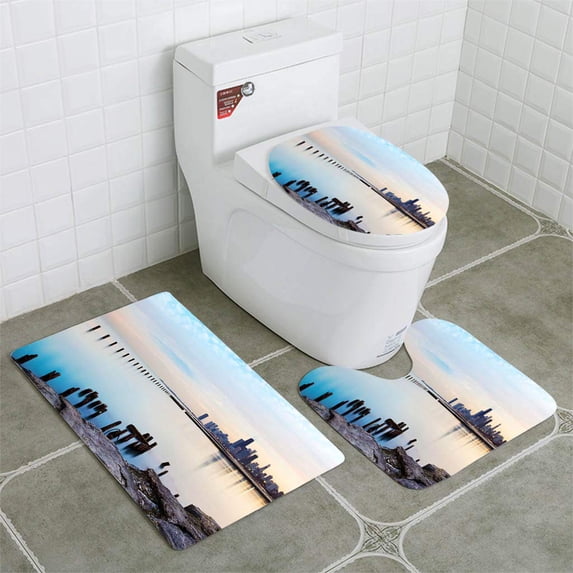PUDMAD Panoramic View Chicago River and Skyline 3 Piece Bathroom Rugs Set Bath Rug Contour Mat and Toilet Lid Cover