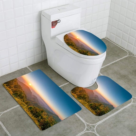PUDMAD Panoramic View Sunset Mountain View at North Thailand 3 Piece Bathroom Rugs Set Bath Rug Contour Mat and Toilet Lid Cover