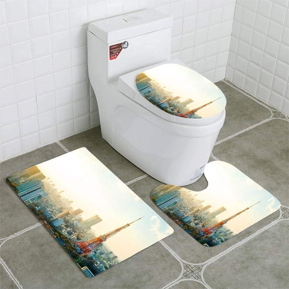 PUDMAD Panoramic View Tokyo Tower Under moring Sunrise 3 Piece Bathroom Rugs Set Bath Rug Contour Mat and Toilet Lid Cover