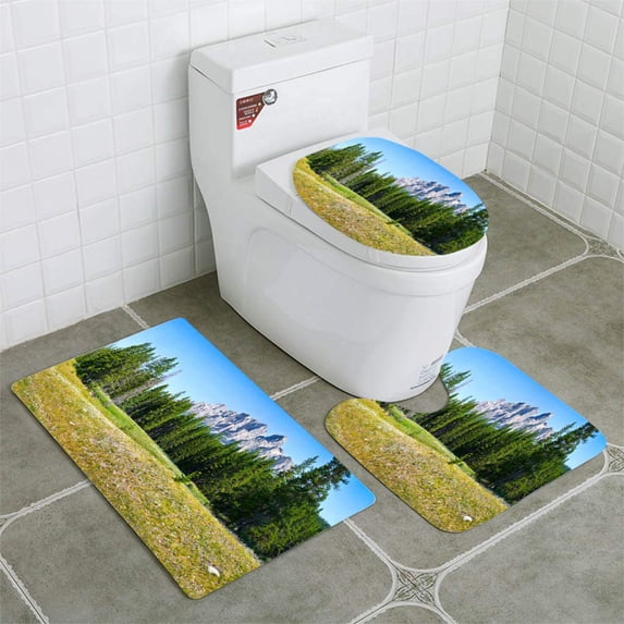PUDMAD Panoramic view beautiful landscape field flowers and Rocky Mountains in 3 Piece Bathroom Rugs Set Bath Rug Contour Mat and Toilet Lid Cover