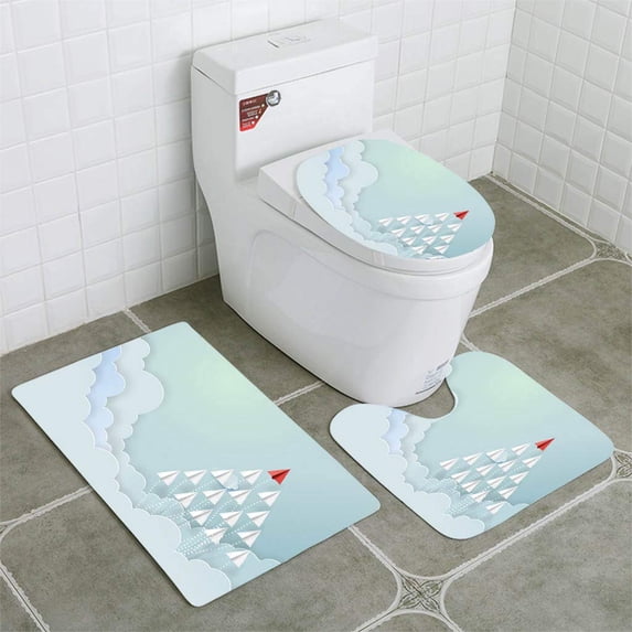 PUDMAD Paper Airplane Teamwork 3 Piece Bathroom Rugs Set Bath Rug Contour Mat and Toilet Lid Cover