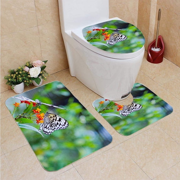 PUDMAD Paper Kite Butterfly 3 Piece Bathroom Rugs Set Bath Rug Contour Mat and Toilet Lid Cover