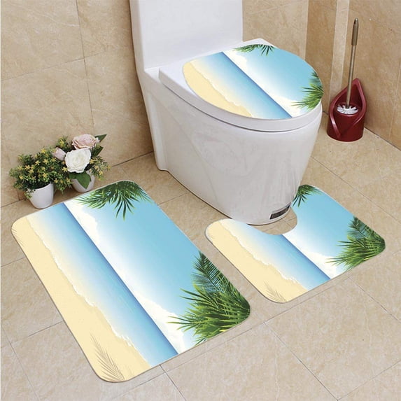 PUDMAD Paradise Beach 3 Piece Bathroom Rugs Set Bath Rug Contour Mat and Toilet Lid Cover